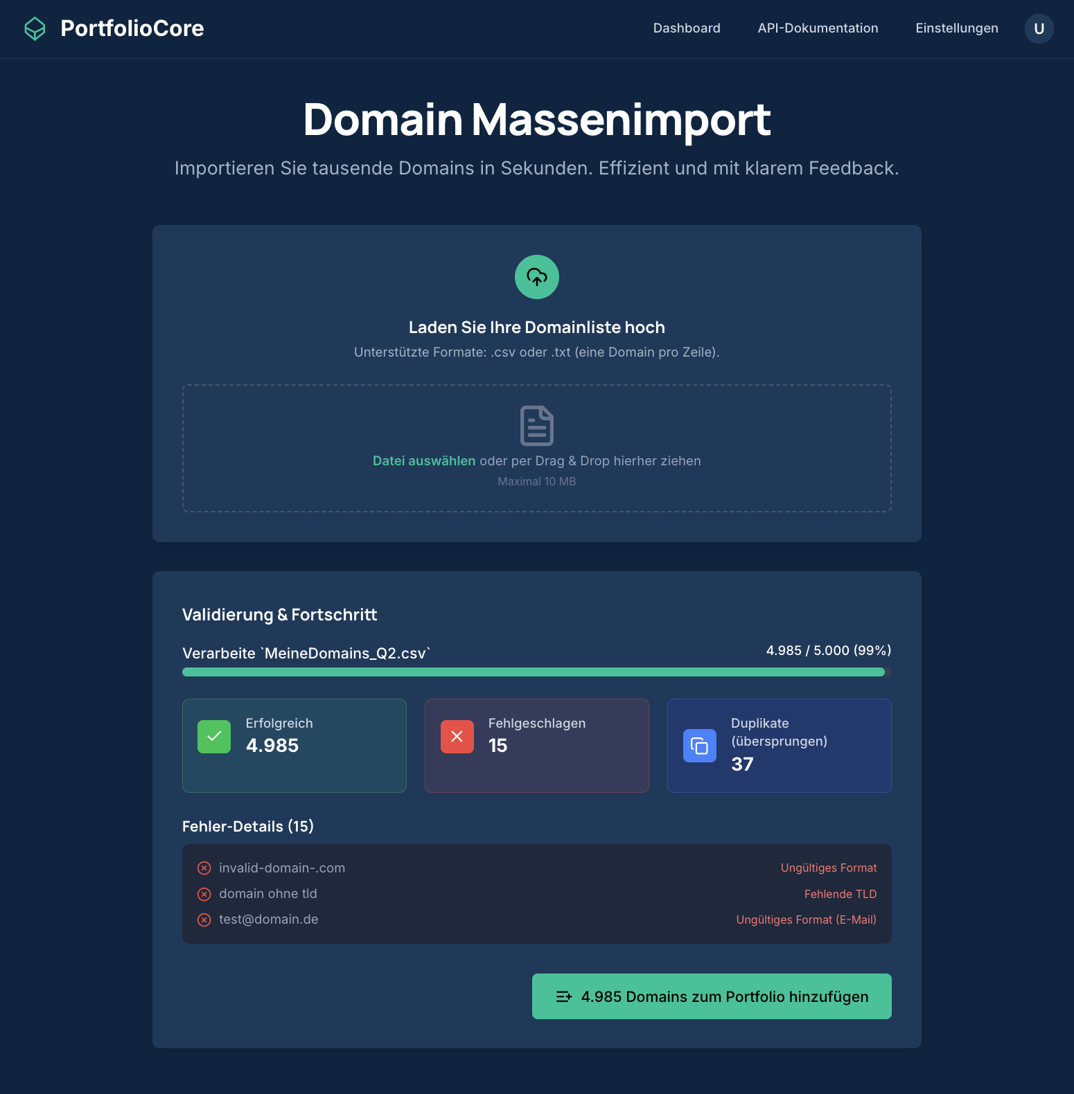 Screenshot des Bulk-Import Prozesses